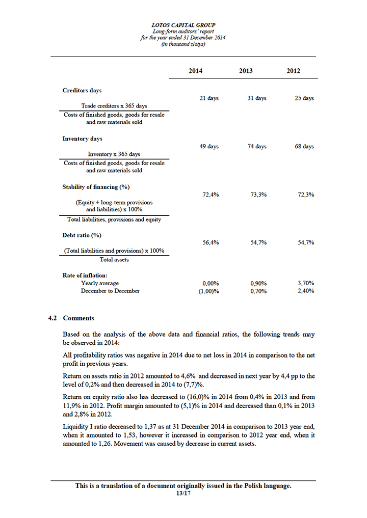 LOTOS Capital Group 2014 - Auditors Report - page 13