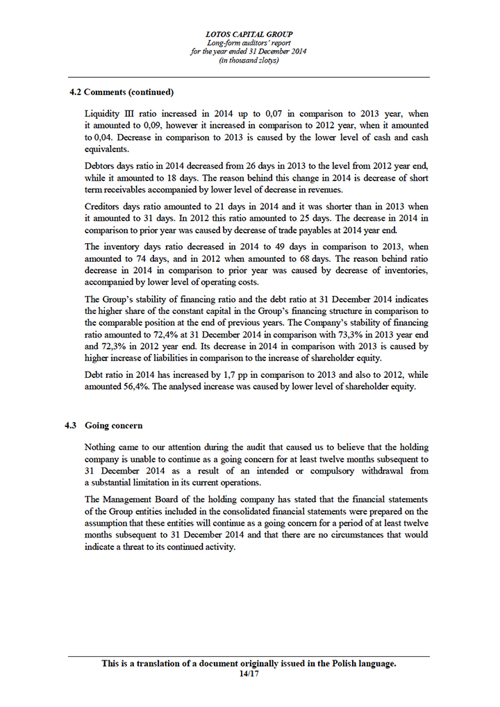 LOTOS Capital Group 2014 - Auditors Report - page 14
