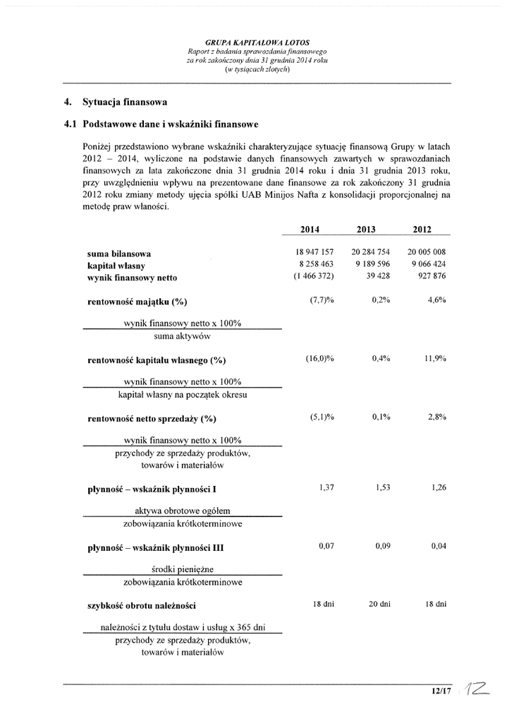 Grupa Kapitalowa LOTOS 2014 - Raport audytora z badania Skonsolidowanego Sprawozdania Finansowego strona 12